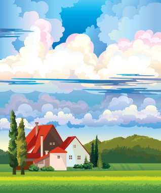 Yaz yatay, kulübe ve çayır.