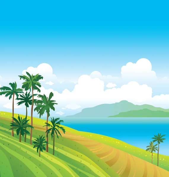 Paisagem tropical com palmas e mar . —  Vetores de Stock