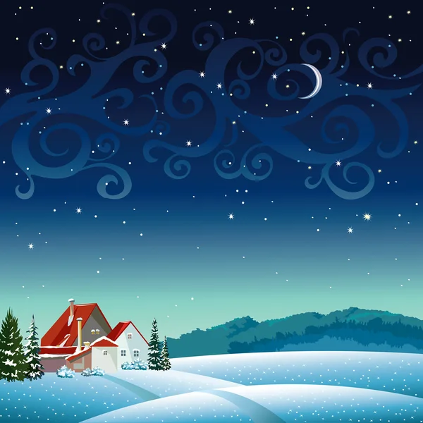 Χειμερινό τοπίο νύχτα με το χωριό. — Διανυσματικό Αρχείο
