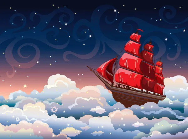 Cielo nocturno con nubes y velero . — Vector de stock