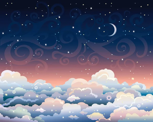 Nachtelijke hemel met wolken en maan. — Stockvector