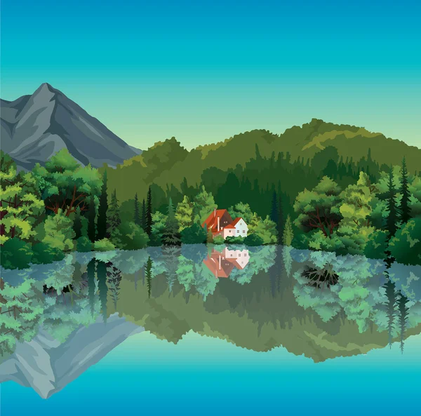 Paisaje de verano con casa, bosque y lago . — Vector de stock