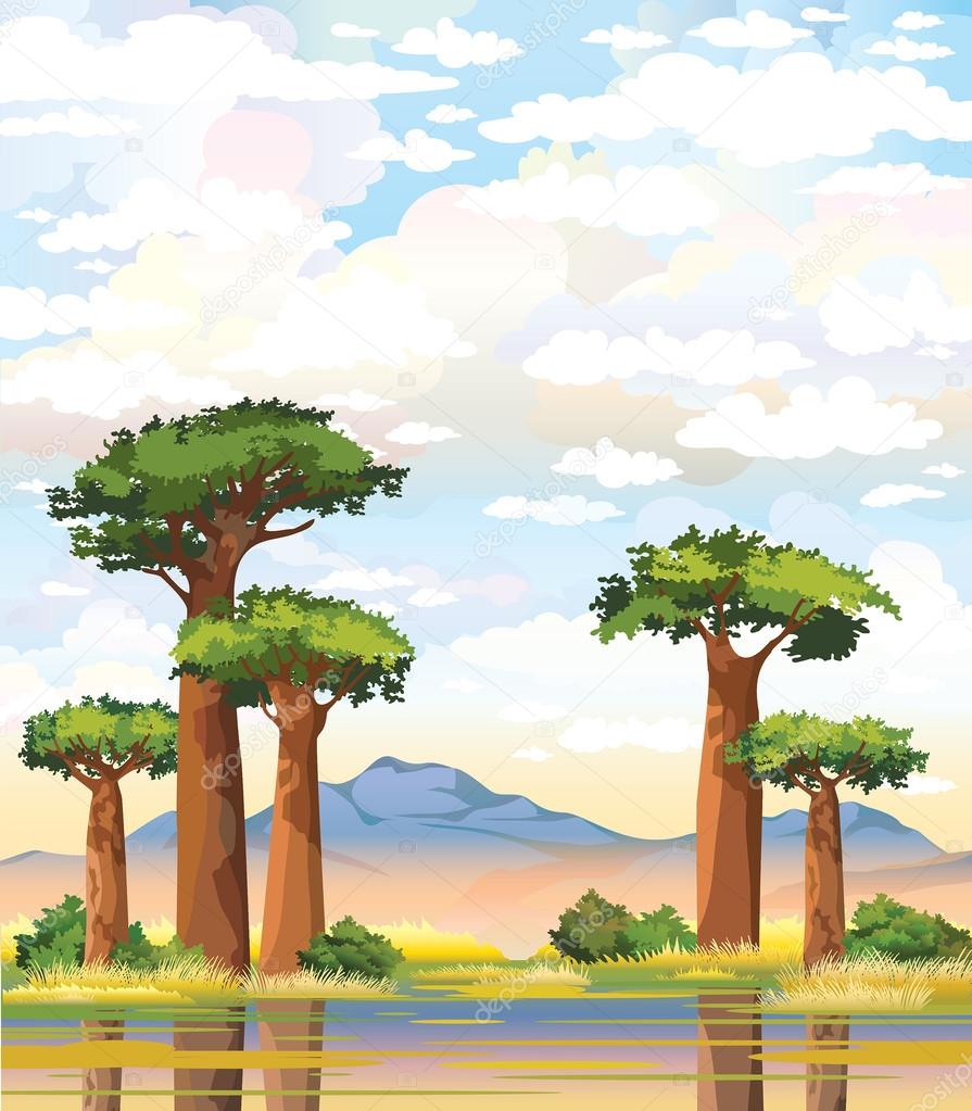 Baobabs and mountain on a cloudy sky.