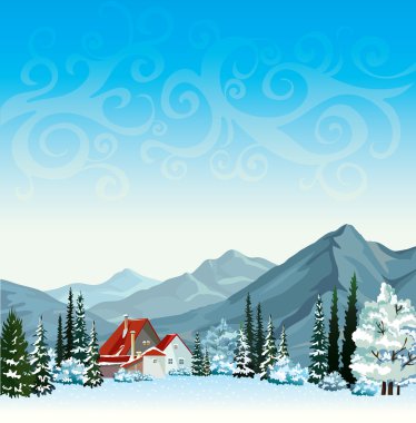 Kış manzarası - hut ve donmuş orman.