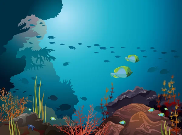 Korallrev och undervattens varelser. — Stock vektor