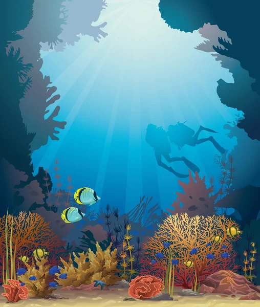 Arrecife de coral y buceadores . — Vector de stock