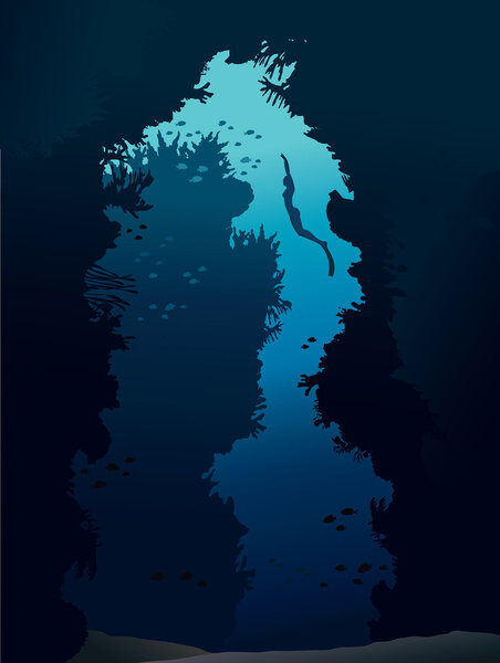 Подводная пещера и дайвер
.