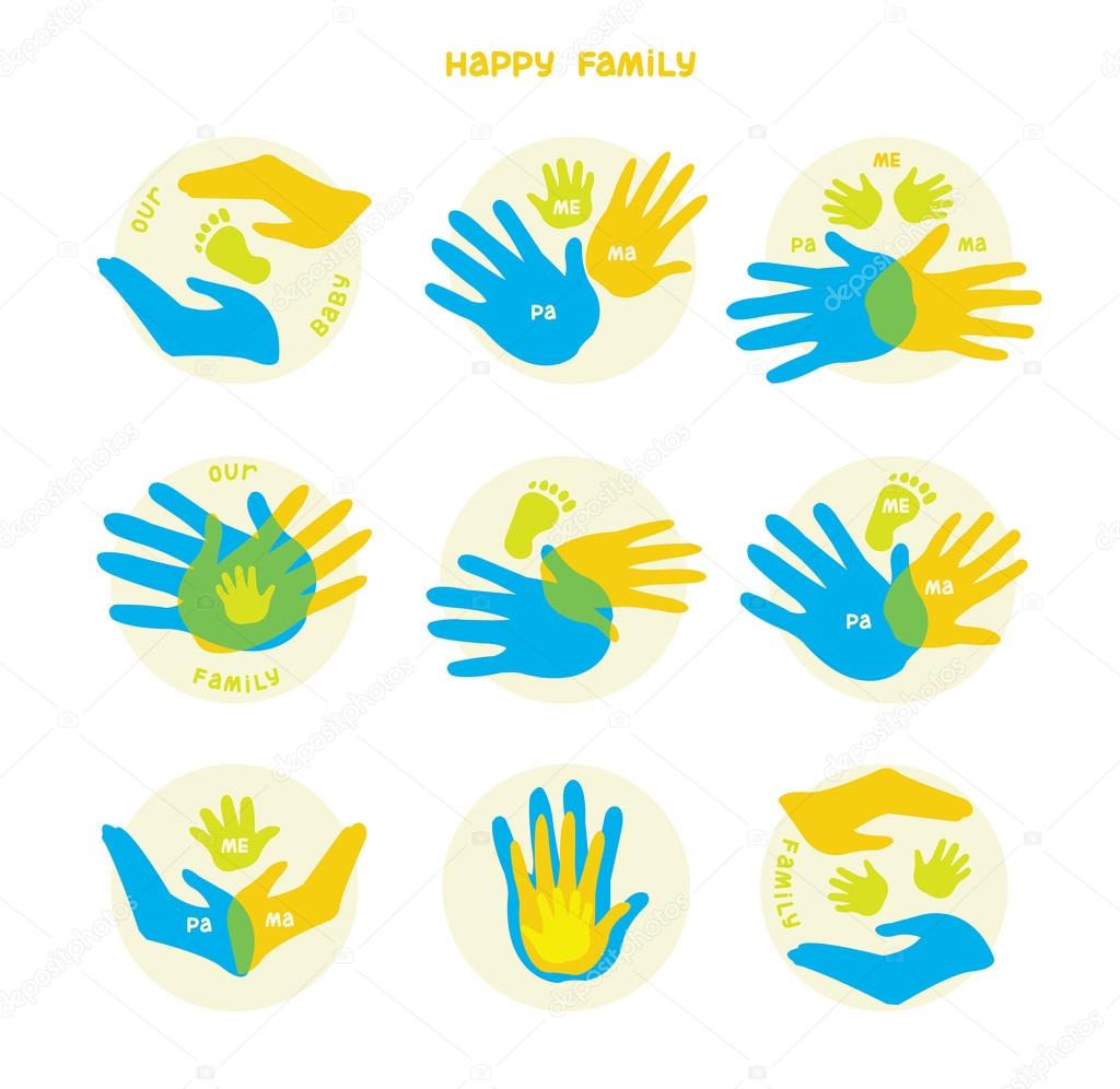 Collection of icons with human hands. Vector set with signs of love and care in family.
