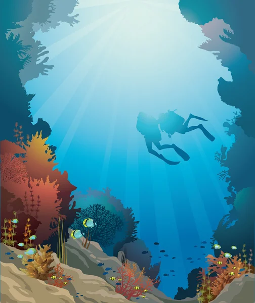 Arrecife de coral, cueva submarina y buzos . — Vector de stock