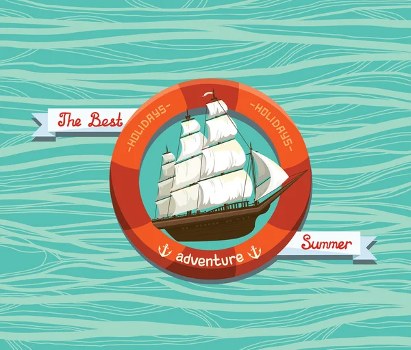 Plavební znak staré plachetnice a záchranný kruh. — Stockový vektor
