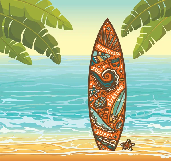 Tabla de surf de vacaciones en una playa . — Vector de stock
