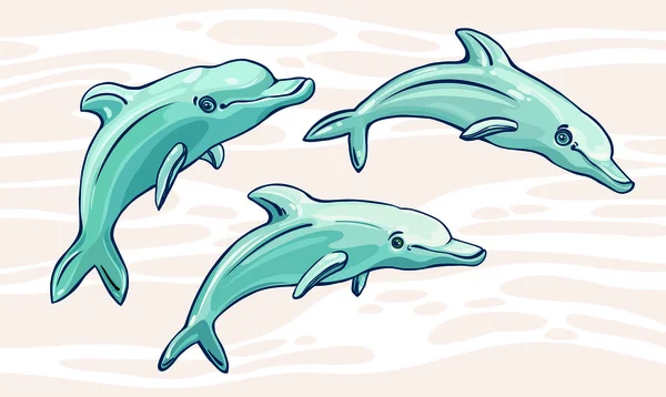 Dauphins de bande dessinée et mer . — Image vectorielle