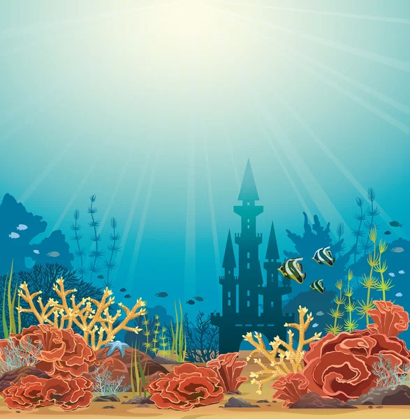 Silueta de castillo y arrecife de coral . — Vector de stock