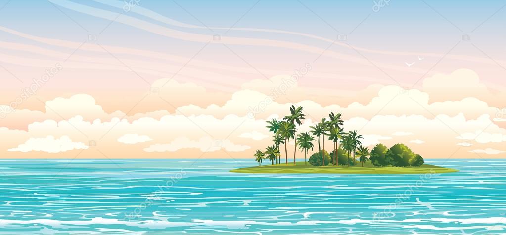 Coconat island in the sea. Vector seascape.