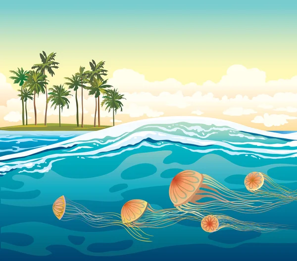 Kwallen in de zee en het eiland. Tropische zeegezicht. — Stockvector