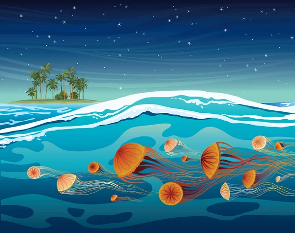 Medusas en el mar y la isla de coco . — Vector de stock