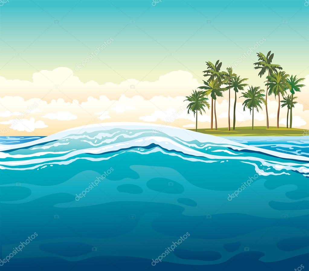 Waves on a sea and coconut island.