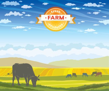 Cow and green meadow. Rural landscape.