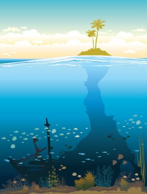 Green island and underwater cave with coral reef.