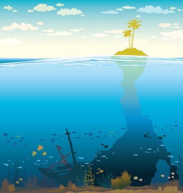 Green island and underwater cave with coral reef.