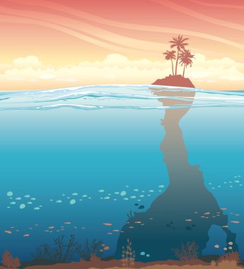 Tropical island and underwater cave with coral reef.