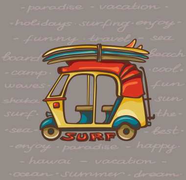 Tuk tuk with surfboards. Surfing trip.