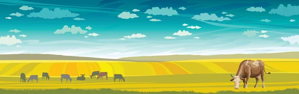 Vaca y prado verde. Paisaje rural . — Vector de stock