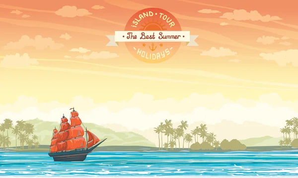 Old sailboat and island. Summer card. — Stockvector