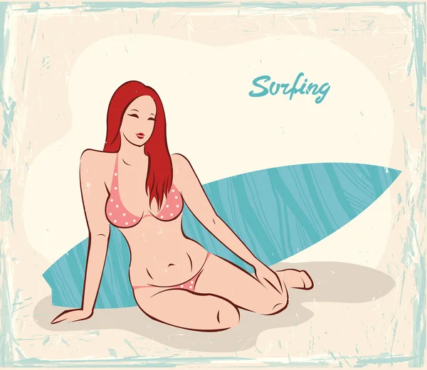 Girl and surfboard. Pin up card. — Stockvector