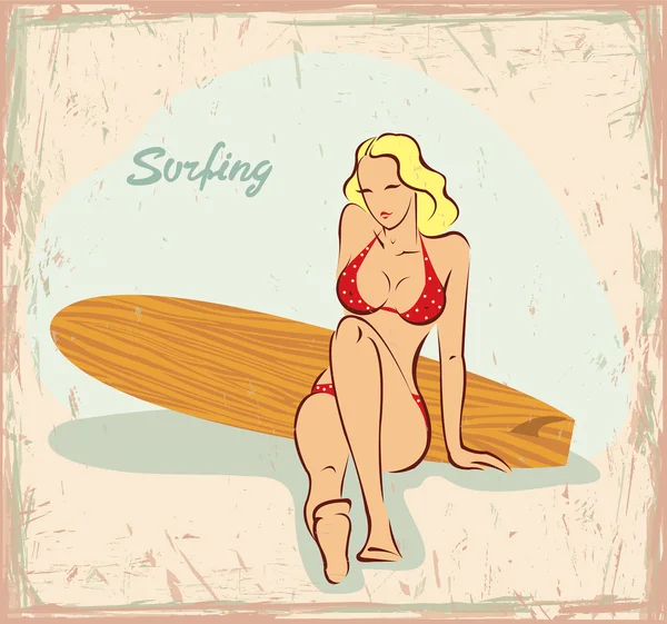 Blonde girl and surfboard. Pin up style. — Stock Vector