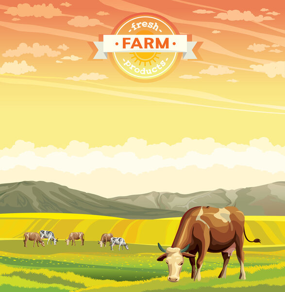 Cow and green meadow. Rural landscape.