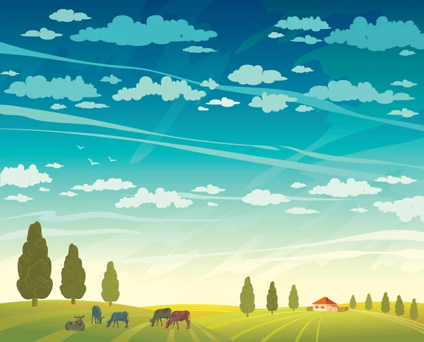 田舎の夏の風景と牛. — ストックベクタ