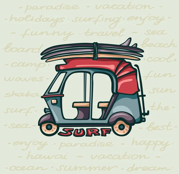 Tuk tuk with surfboards. Surfing holiday. — Stok Vektör