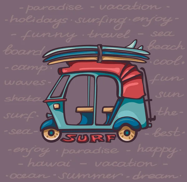 Tuk tuk con tablas de surf. Vacaciones de surf . — Vector de stock