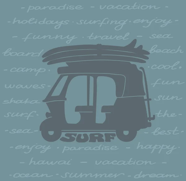 Surfing poster - silhouette of tuk tuk and surfboards. — Stok Vektör