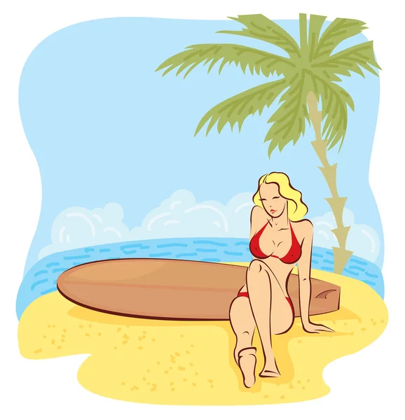 Girl and surfboard on a beach. — Stock Vector