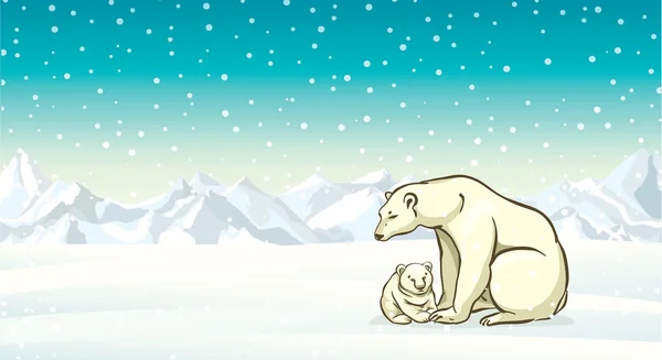 Polar bear with baby and winter landscape. — ストックベクタ