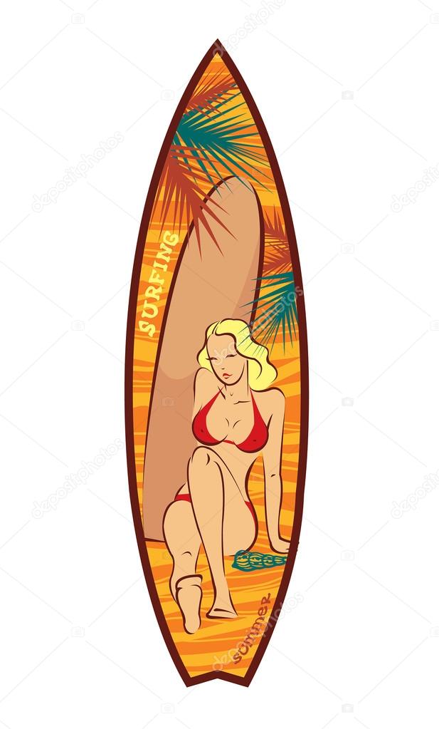 Girl in bikini on a surfboard.