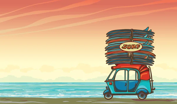 Auto rickshaw con tablas de surf y mar. Surf . — Vector de stock