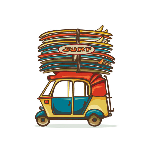 Auto rickshaw and surfboard. Surfing illustration.