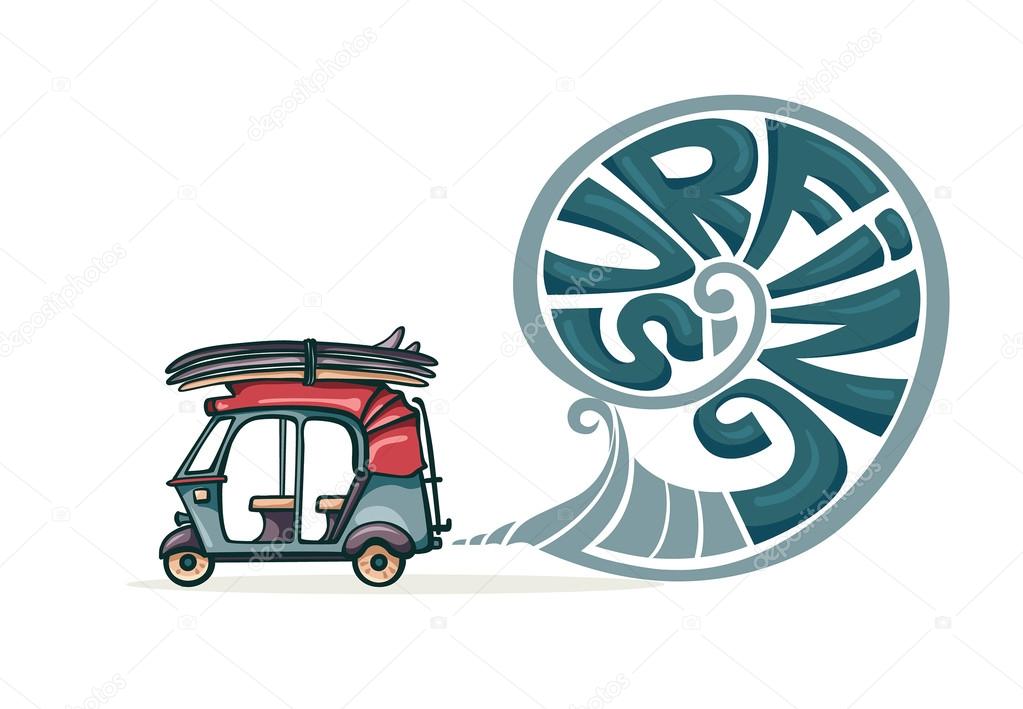 Auto rickshaw and surfboard. Surfing illustration.
