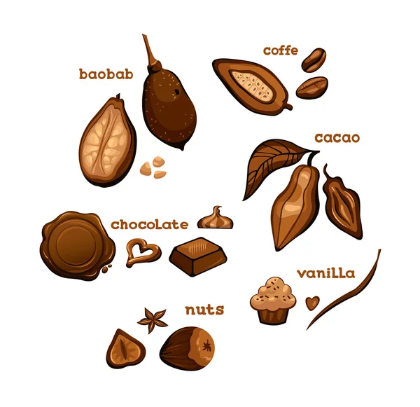Tatlı maddeler - çikolata, kakao, vanilya, kahve ve fındık.