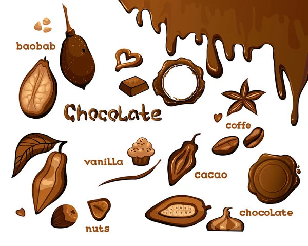 Ingredienti dolci cioccolato, cacao, vaniglia, caffè e noci . — Vettoriale Stock