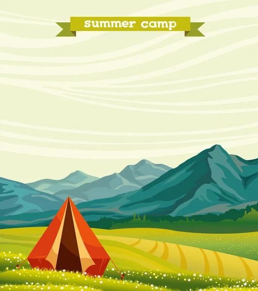 Acampamento turístico e prado verde - acampamento de verão . — Vetor de Stock