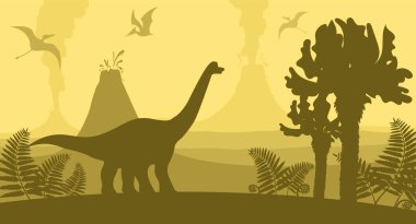Doğadaki dinozorların silueti, dağlar, ağaçlar ve tarih öncesi eğreltiotları. Antik parasaurolophus ve pterodactyl ile vektör illüstrasyonu.