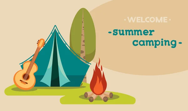 Acampamento turístico de verão - tenda e fogueira . — Vetor de Stock