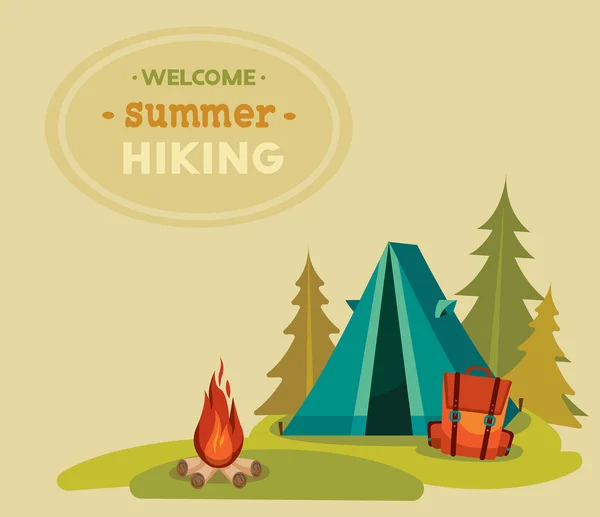 Yaz turist hiking - çadır, sırt çantası ve kamp ateşi. — Stok Vektör