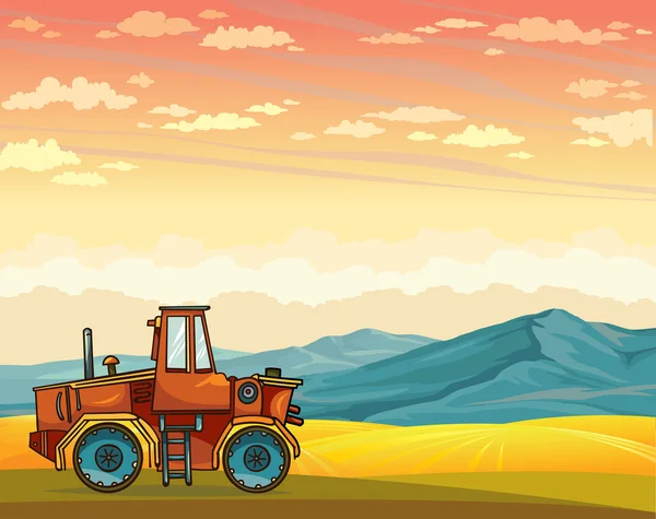 Tractor de dibujos animados y paisaje rural de verano . — Archivo Imágenes Vectoriales