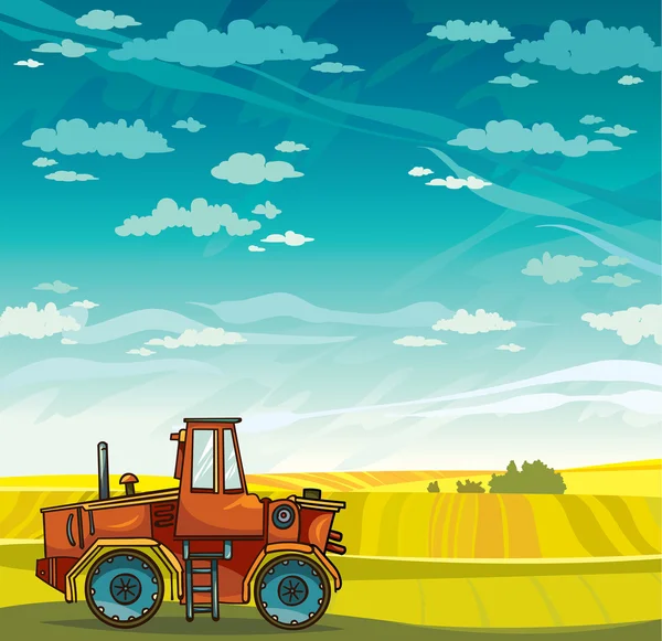 Traktör ve alan. Vektör kırsal manzara.
