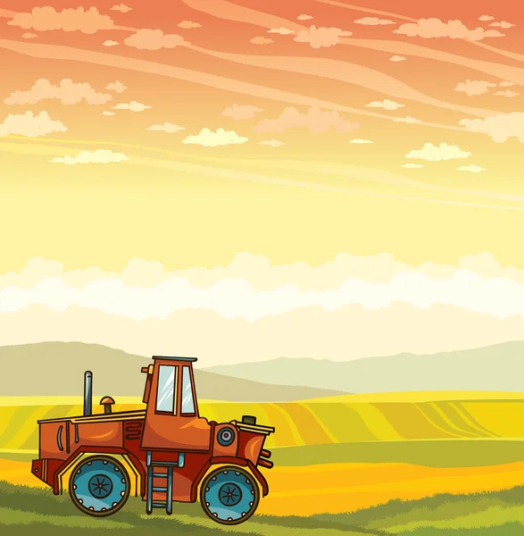 Cartoon tractor and rural landscape. — Stock Vector